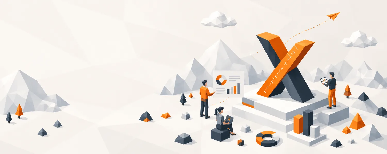 Minh họa low-poly: mọi người làm việc quanh một chữ X lớn màu cam